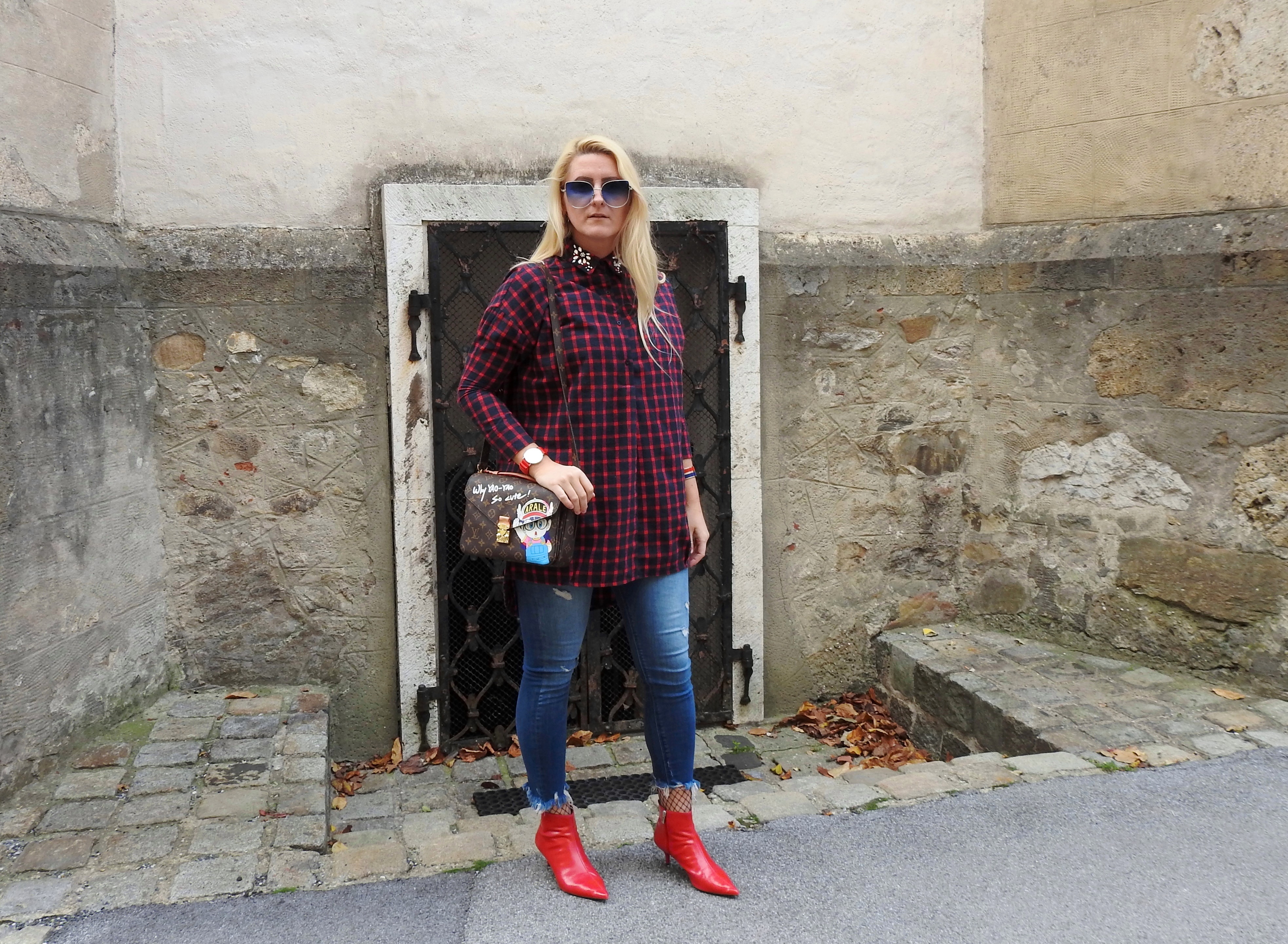 Red-Booties-Zara-Holzfellerhemd-Karo-Strass-Louis-Vuitton-Bag-carrieslifestyle-Tamara-Prutsch